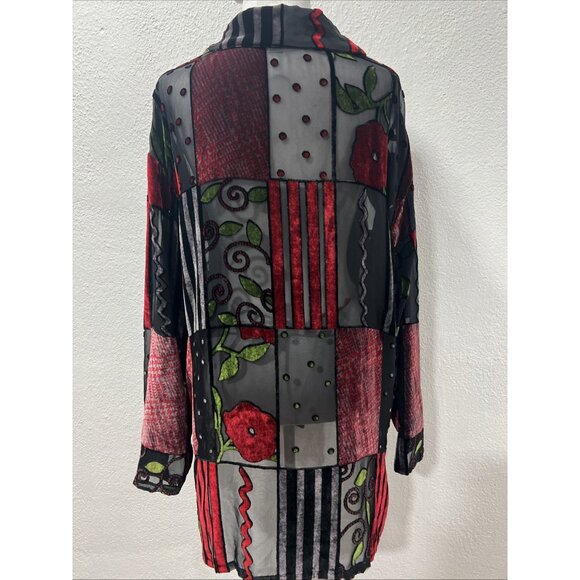 Vintage 1990s Blast Shirt XL Black Velour Floral Artsy Sheer Silk Button Up - Picture 8 of 15
